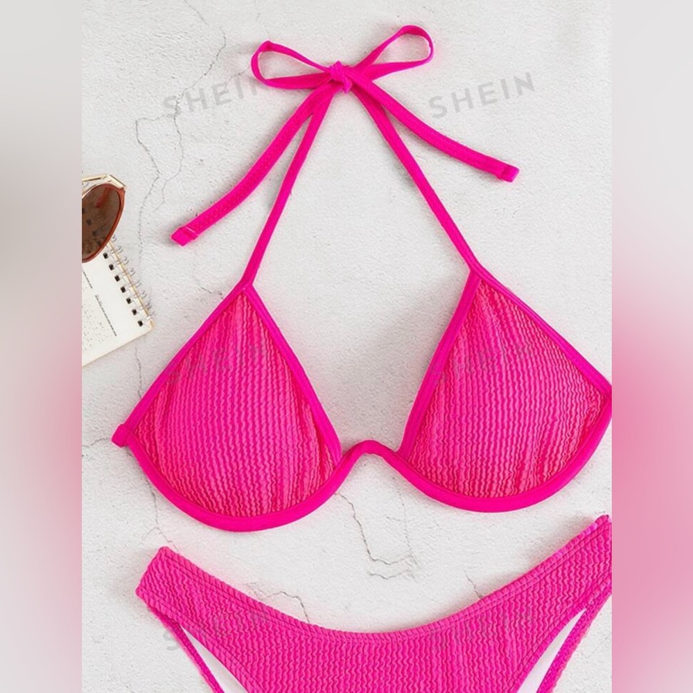 SHEIN Swim Bikinis: Tie-Dye Beach Underwire & Thong Bikini, Pink Textured Bikini - Picture 13 of 14